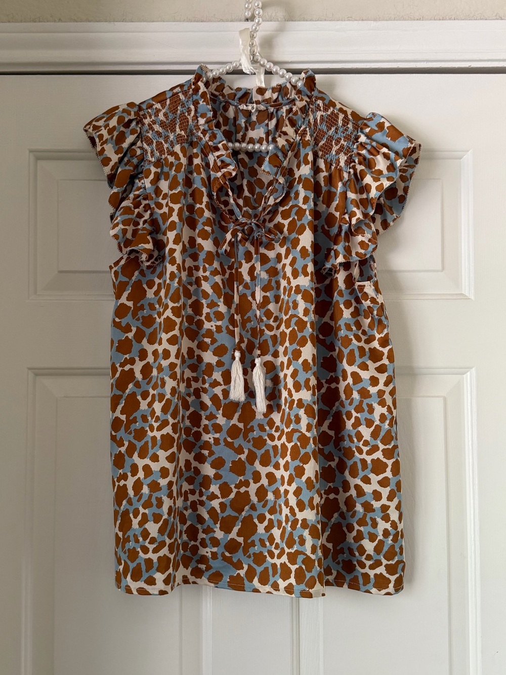 Jodifl Brown Blue Giraffe Print Silky Top